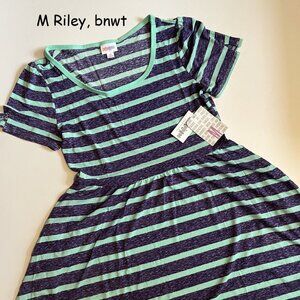 Medium Lularoe Riley dress, purple and green stripes, pockets